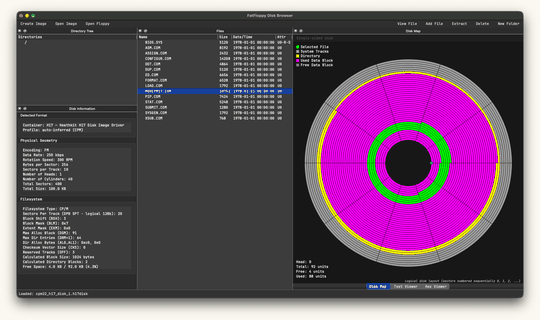 FatFloppy browsing a Heathkit H17 CP/M image, with a selected file highlighted in green on the disk map