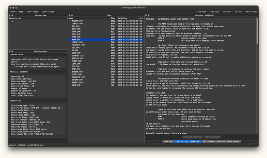 FatFloppy displaying MEMR.DOC, a memory-test document from an 8-inch Lifeboat CP/M disk image