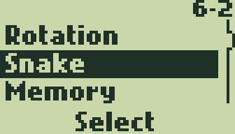 Snake selected in the Games menu